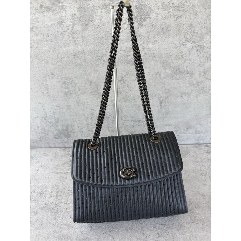 Coach Black Parker Quilted Shoulder bag Rivets Chain Crossbody Purse Bag